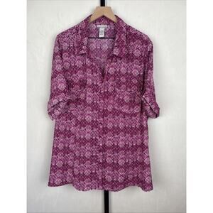 Catherine's Short Sleeve Button Down Shirt 3X Colorful Artsy Print Stretch Pink